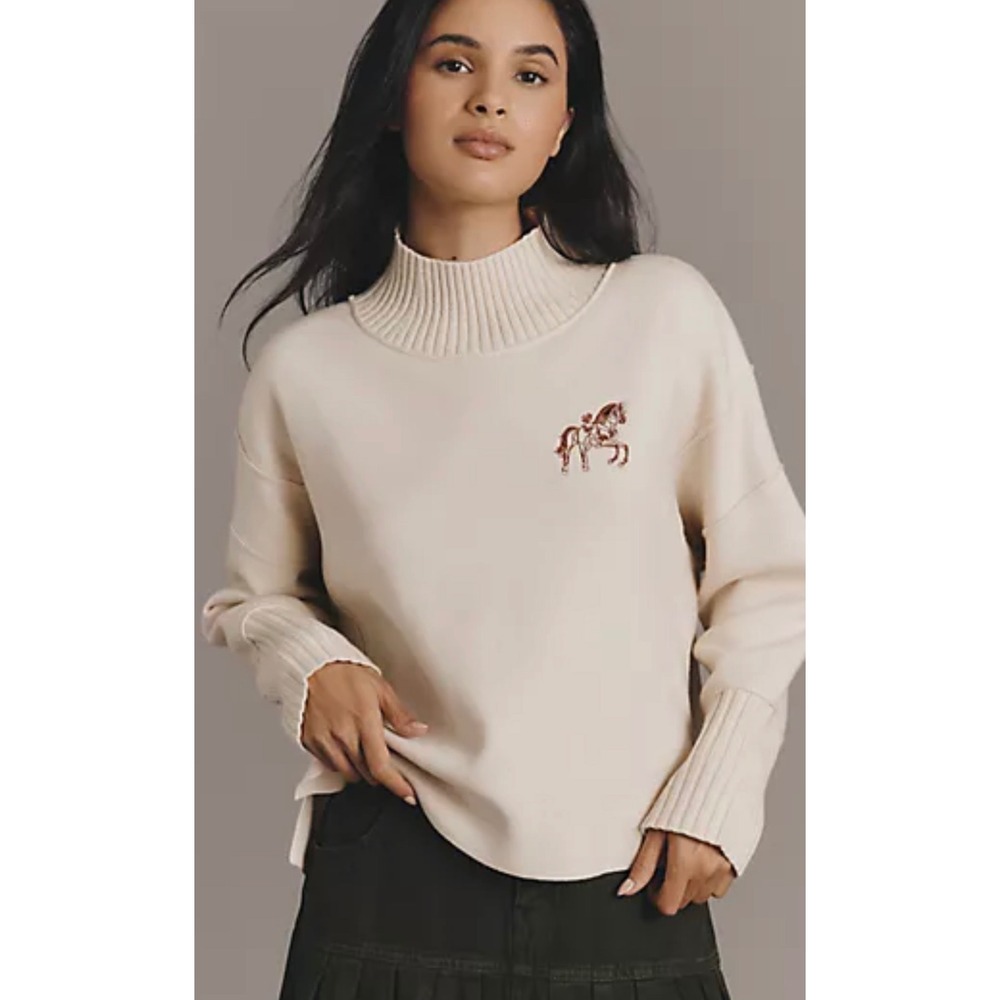 Maeve Anthropologie Logan Turtleneck Sweater Cream Mock Neck Horse Embroidered
